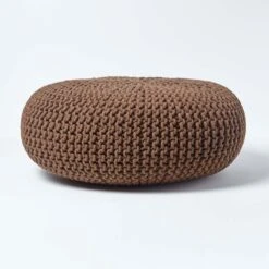 Chocolate Brown Large Round Cotton Knitted Pouffe Footstool