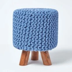 Blue Tall Cotton Knitted Footstool On Legs