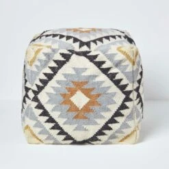 Agra Gold And Black Kilim Footstool Handwoven Beanbag Pouffe 43 X 43 Cm