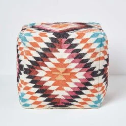 Manila Orange And Pink Kilim Footstool Handwoven Beanbag Pouffe 43 X 43 Cm