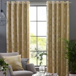 Ochre Ginkgo Eyelet Curtain Pair
