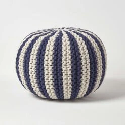 Navy And White Knitted Pouffe Striped Footstool