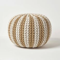 Off White And Linen Knitted Pouffe Striped Footstool