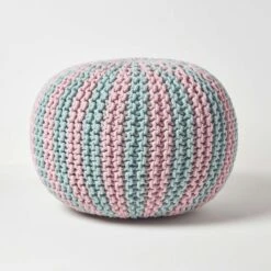 Pink And Blue Knitted Pouffe Striped Footstool