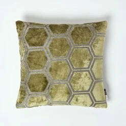 Geometric Olive Green Velvet Filled Cushion, 43 X 43 Cm