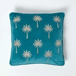 Gold Palm Tree Teal Filled Velvet Cushion, 45 X 45 Cm