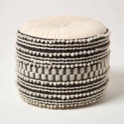 Priya Cream & Black Macrame Boho Pouffe