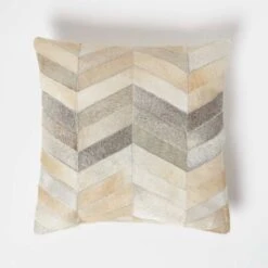 Chevron Cream & Grey Leather Cushion 45 X 45 Cm