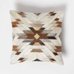 Geometric Star Brown & Cream Leather Cushion 45 X 45 Cm