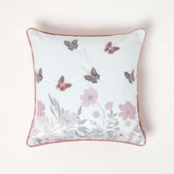 Pink Embroidered Butterfly Filled Cushion 45 X 45 Cm