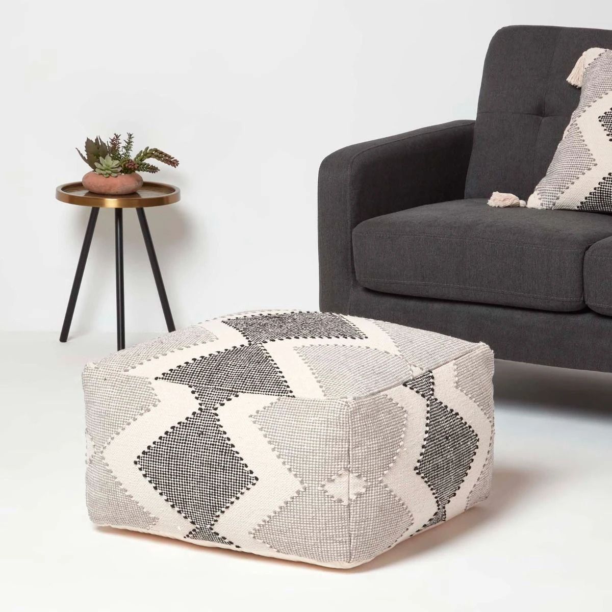 Malmo Handwoven Textured Grey & Black Pouffe Bean Cube 4 Malmo Handwoven Textured Grey & Black Pouffe Bean Cube - Image 2