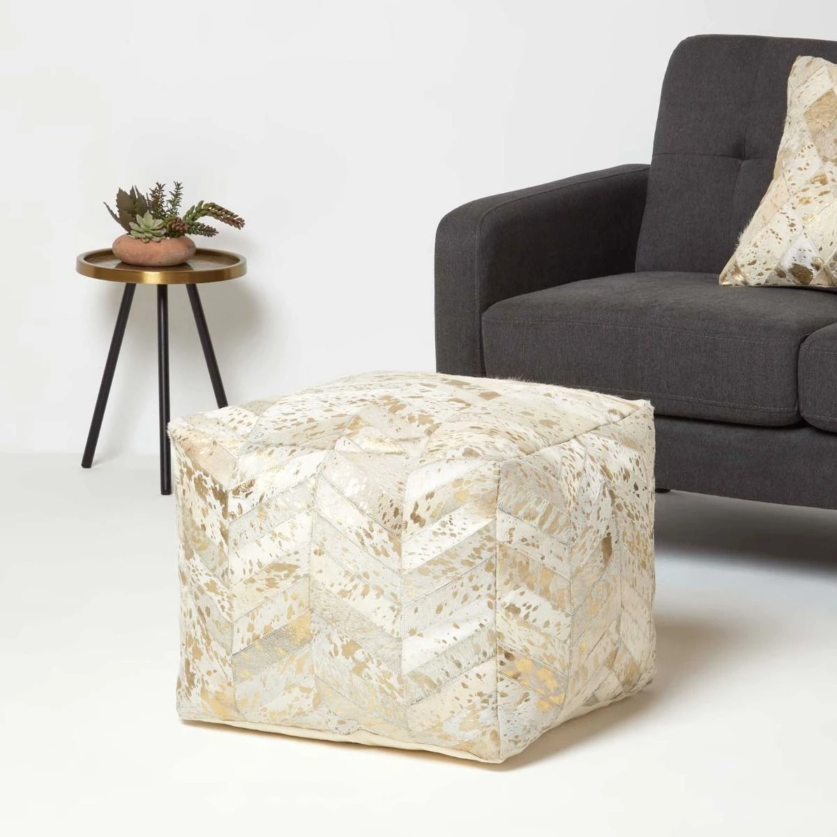 Gold & Grey Geometric Diamond Leather Pouffe Bean Cube 4 Gold & Grey Geometric Diamond Leather Pouffe Bean Cube - Image 2