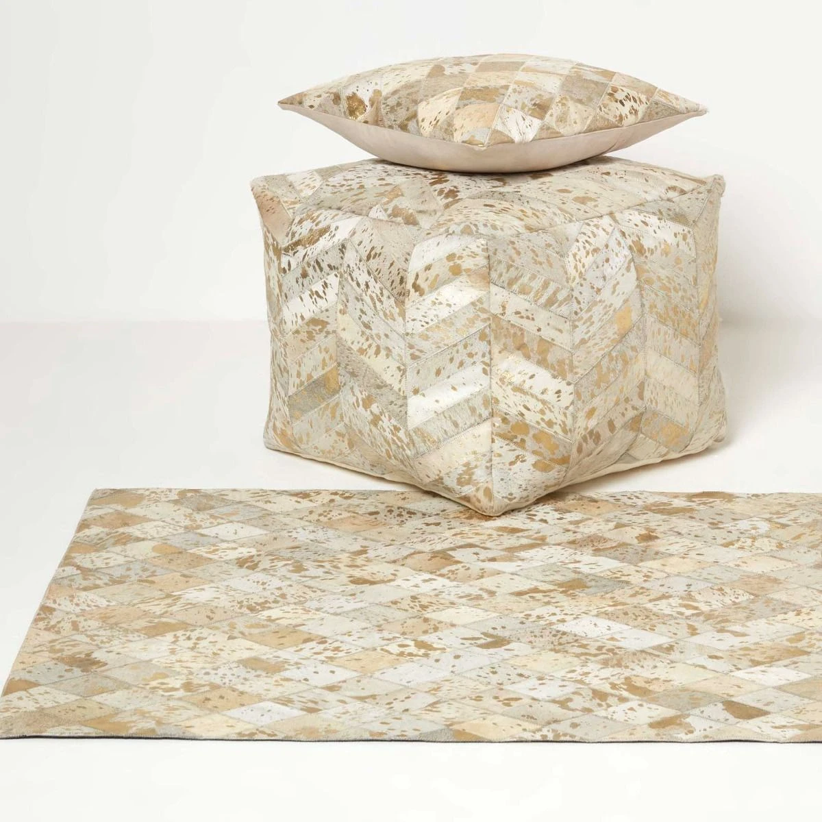 Gold & Grey Geometric Diamond Leather Pouffe Bean Cube 8 Gold & Grey Geometric Diamond Leather Pouffe Bean Cube - Image 6