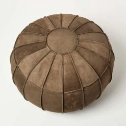Brown Leather & Suede Round Pouffe Footstool 11 Brown Leather & Suede Round Pouffe Footstool -Best Homeware Store sf2245 5