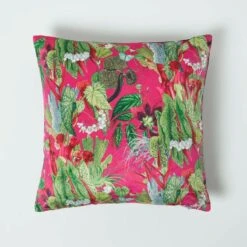 Hot Pink Tropical Leaf Velvet Filled Cushion 46 X 46 Cm
