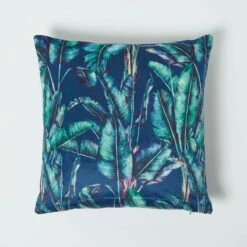 Navy Tropical Banana Leaf Velvet Filled Cushion 46 X 46 Cm