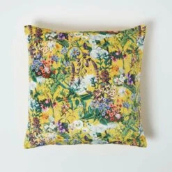 Floral Botanical Garden Yellow Velvet Filled Cushion 46 X 46 Cm