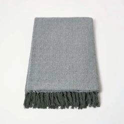 Malda Green & White Cotton Throw With Tassels 8 Malda Green & White Cotton Throw With Tassels -Best Homeware Store sf2269b 2 3