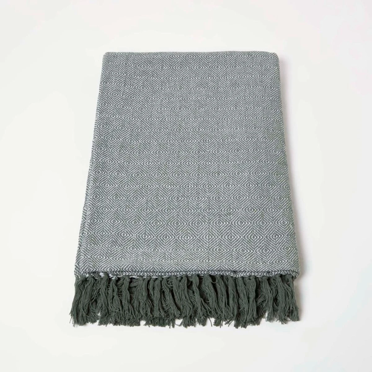 Malda Green & White Cotton Throw With Tassels 4 Malda Green & White Cotton Throw With Tassels - Image 2