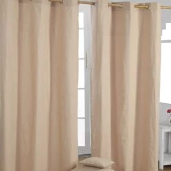 Cotton Plain Beige Ready Made Eyelet Curtain Pair