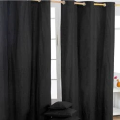 Cotton Plain Black Ready Made Eyelet Curtain Pair