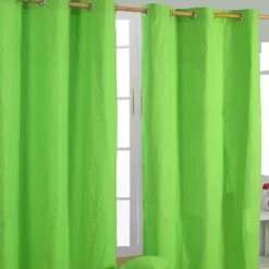 Cotton Plain Green Ready Made Eyelet Curtain Pair