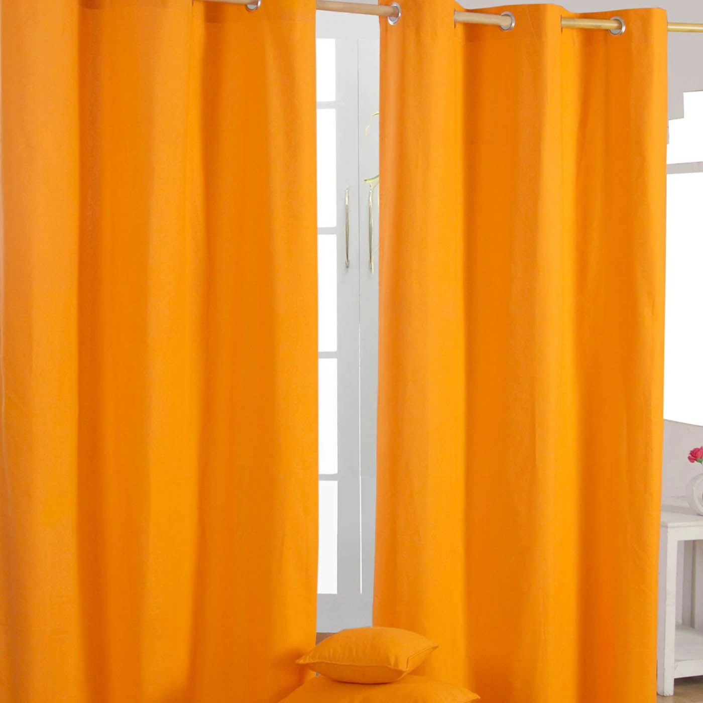 Cotton Plain Orange Ready Made Eyelet Curtain Pair 3 Cotton Plain Orange Ready Made Eyelet Curtain Pair