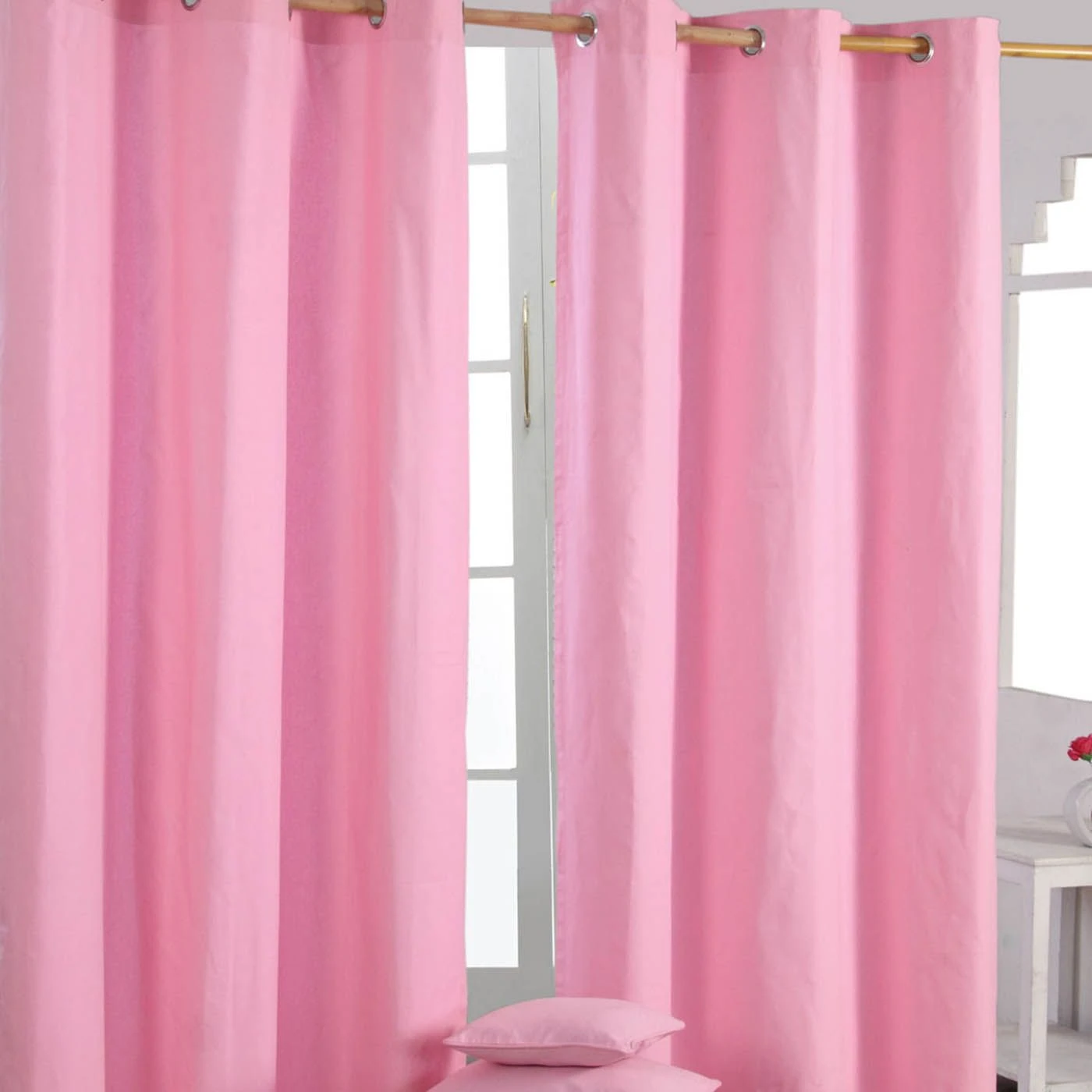 Cotton Plain Pink Ready Made Eyelet Curtain Pair 3 Cotton Plain Pink Ready Made Eyelet Curtain Pair