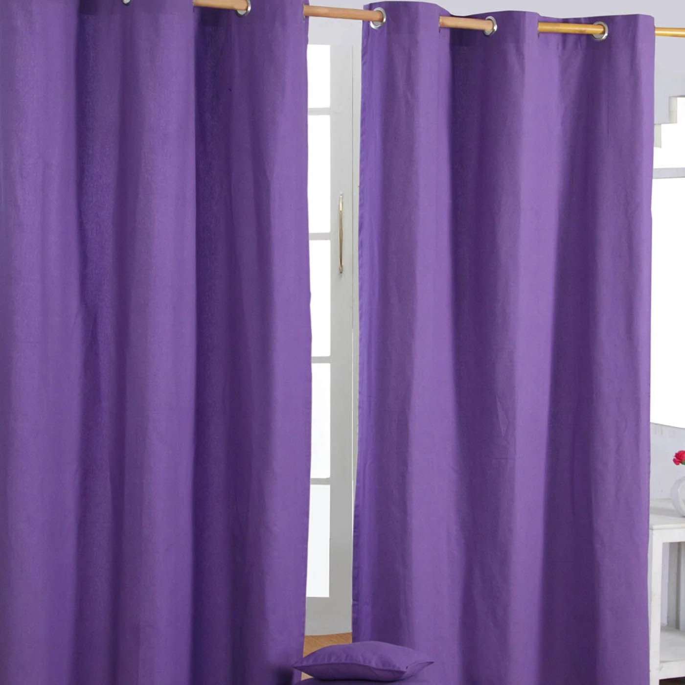 Cotton Plain Purple Ready Made Eyelet Curtain Pair 3 Cotton Plain Purple Ready Made Eyelet Curtain Pair