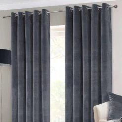 Dark Grey Interlined Velvet Thermal Eyelet Curtain Pair